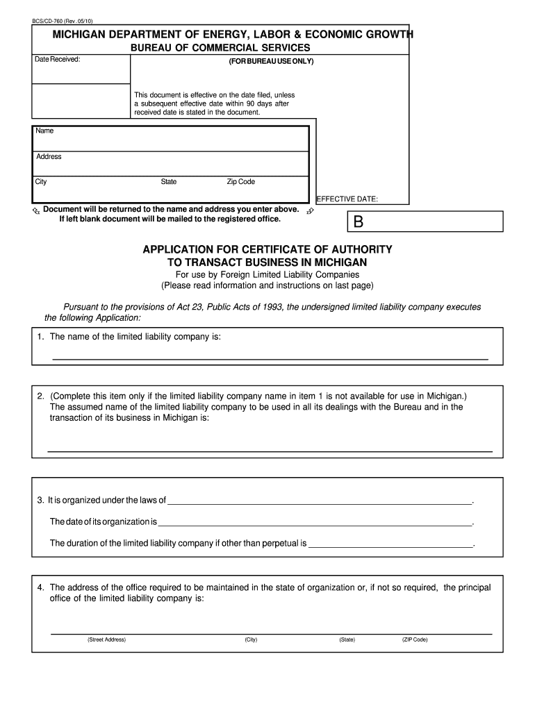 Application for Certificate of Authority to Transact Business in Michigan BCSCD 760 1205  Form