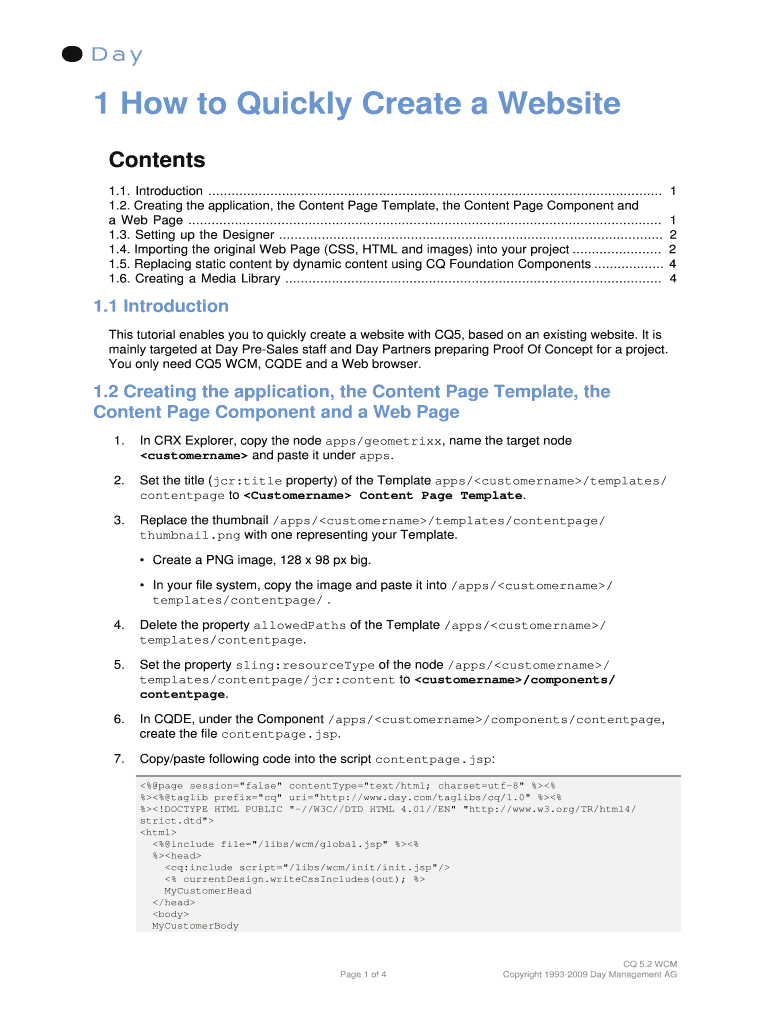 Creating the Application, the Content Page Template, the Content Page Component and a Web Page  Form