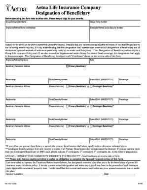 Aetna Life Insurance Beneficiary  Form