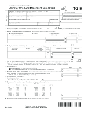 New York State Department of Taxation and Finance it 216 Claim for Child and Dependent Care Credit Important You Must Enter Your  Form