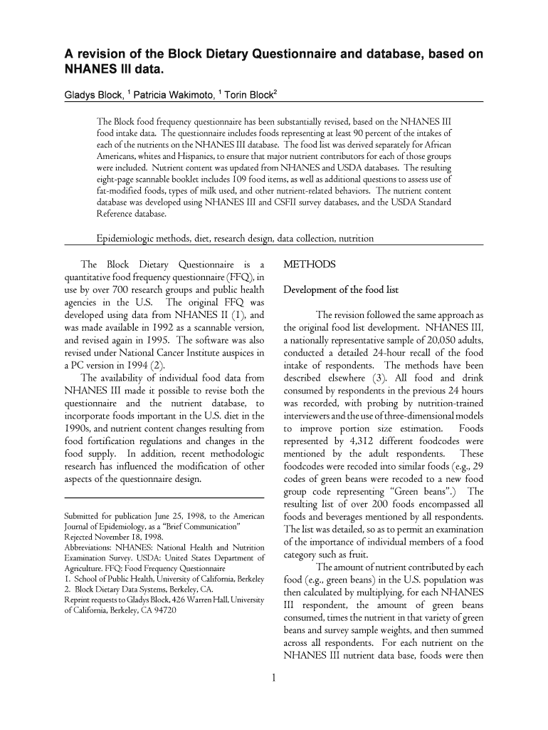 A Revision of the Block Dietary Questionnaire and Database, Based on  Form