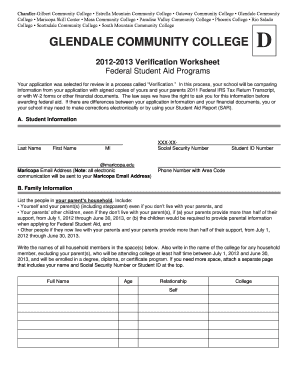 Glendale Community College Dependent Verification Worksheet Form