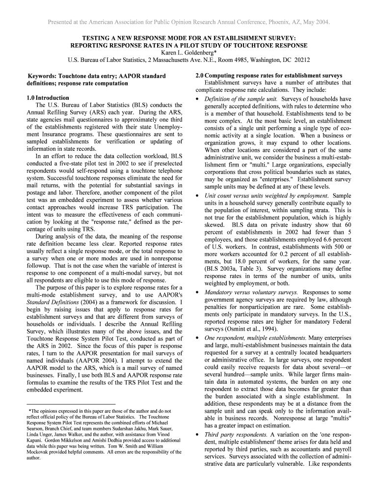 TESTING a NEW RESPONSE MODE for an ESTABLISHMENT SURVEY REPORTING RESPONSE RATES in a PILOT STUDY of TOUCHTONE RESPONSE Stats Bl  Form