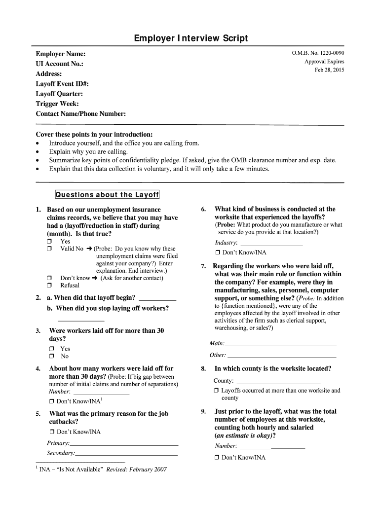 Employer Interview Script Cfoirates2007pdf Stats Bls  Form