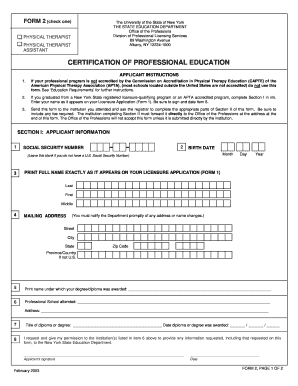 Physical Therapy Form 2 Certification of Professional Education Op Nysed