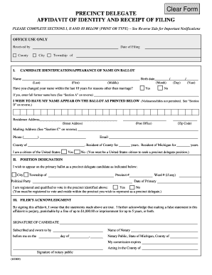 Precinct Delegate Affidavit of Identity State of Michigan  Form