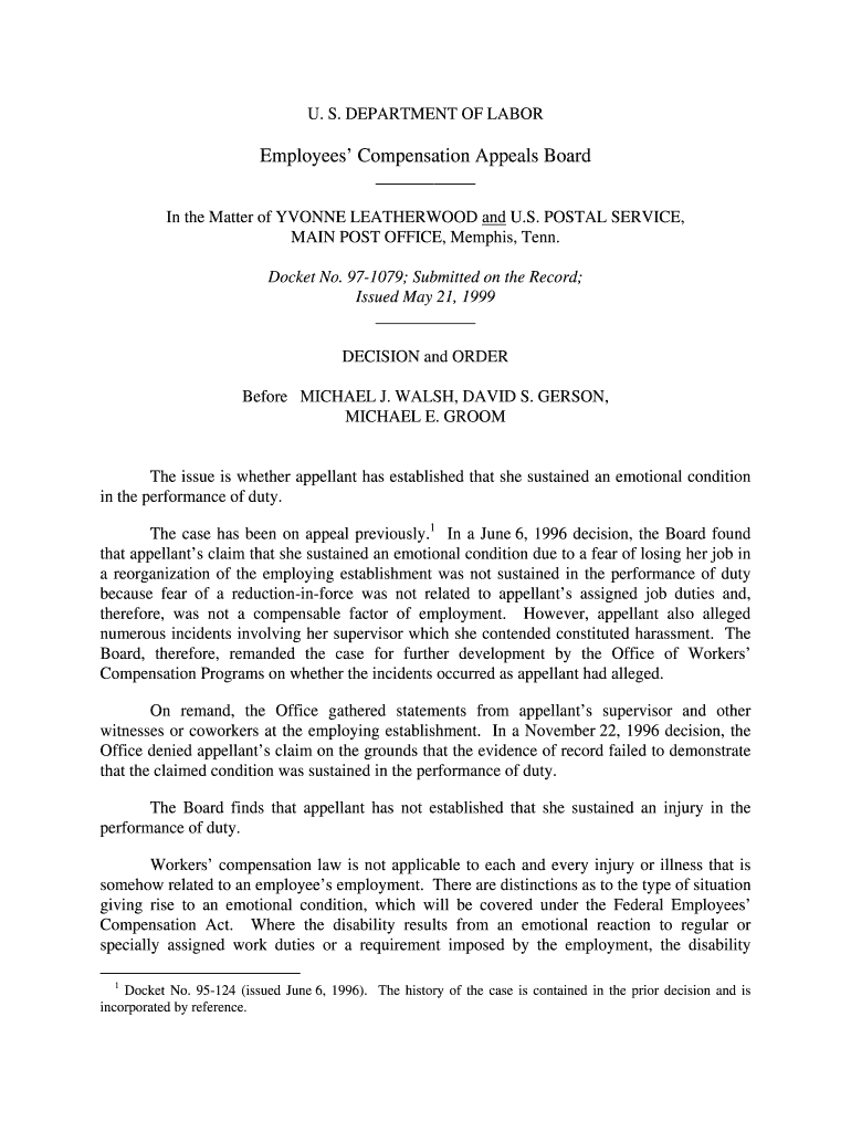 DEPARTMENT of LABOR Employees Compensation Appeals Board in the Matter of YVONNE LEATHERWOOD and U  Form