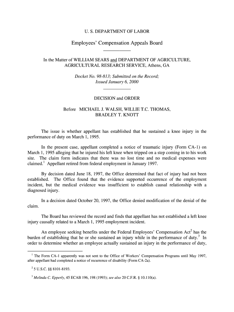 DEPARTMENT of LABOR Employees Compensation Appeals Board in the Matter of WILLIAM SEARS and DEPARTMENT of AGRICULTURE, AGRICULTU  Form