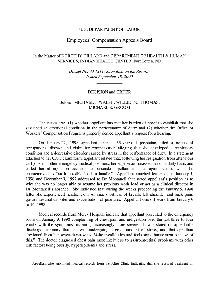 DEPARTMENT of LABOR Employees Compensation Appeals Board in the Matter of DOROTHY DILLARD and DEPARTMENT of HEALTH &amp;amp  Form