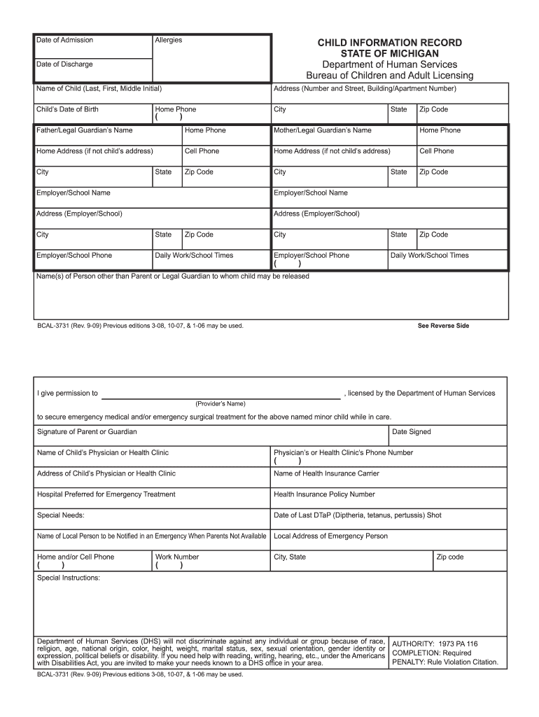  Child Information Record 2009