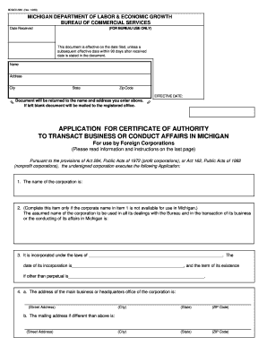 Application for Certificate of Authority to Transact EMinutes  Form