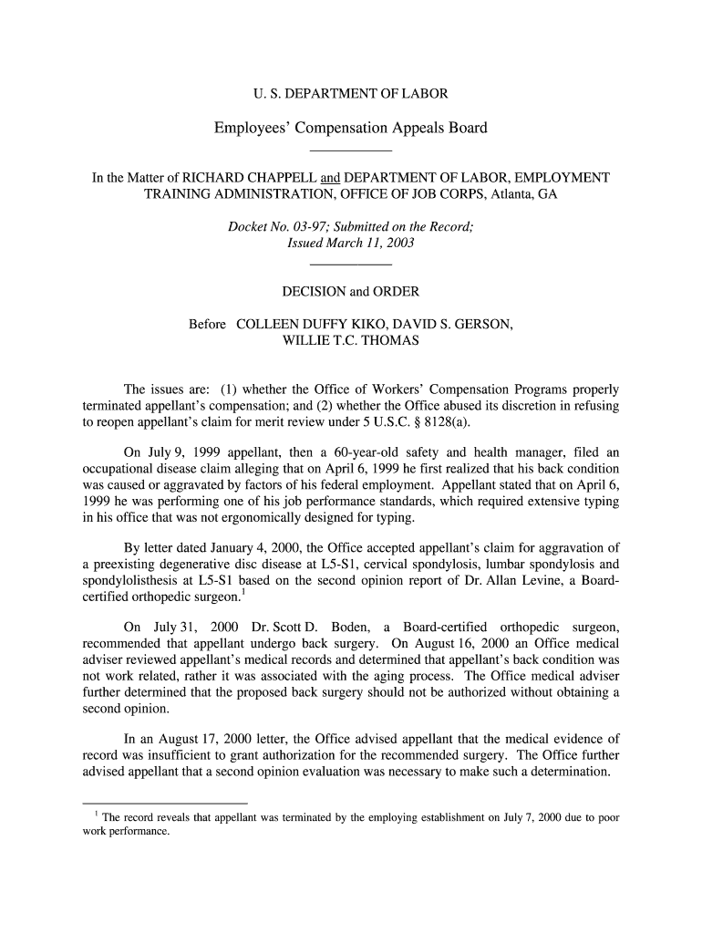 DEPARTMENT of LABOR Employees Compensation Appeals Board in the Matter of RICHARD CHAPPELL and DEPARTMENT of LABOR, EMPLOYMENT T  Form