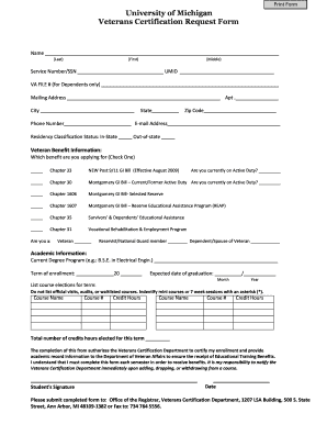 University of Michigan Veterans Certification Request Form Vets Umich