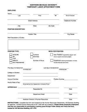 Temporary Labor Appointment Form Northern Michigan University Nmu