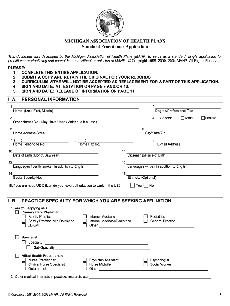 Mahp Standard Practitioner Application  Form