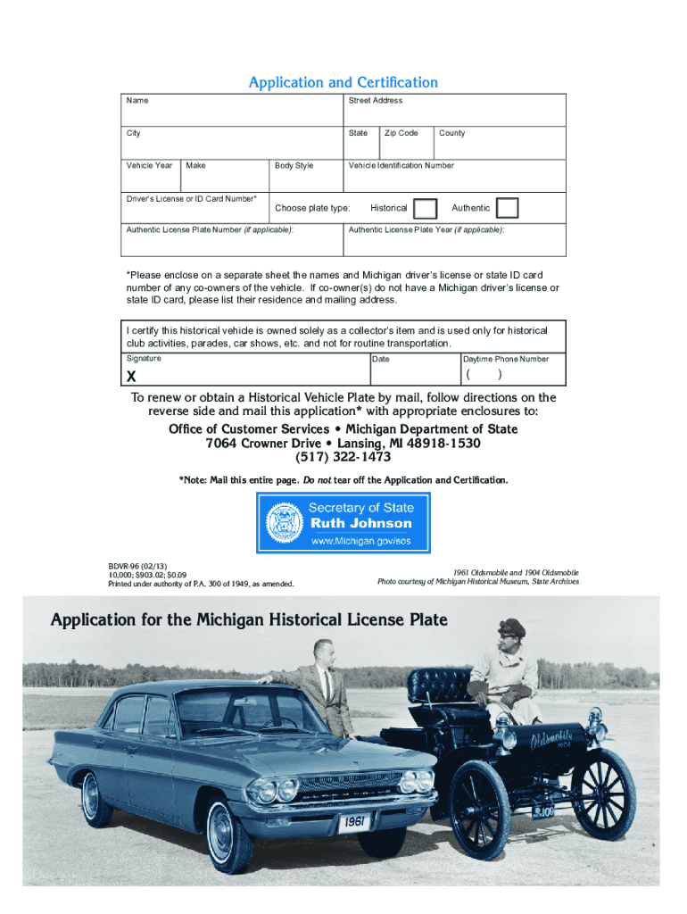  Application for the Michigan Historical License Plate  Michigan 2013