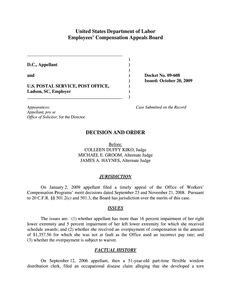 POSTAL SERVICE, POST OFFICE, Ladson, SC, Employer Appearances Appellant, Pro Se Office of Solicitor, for the Director Docket No   Form