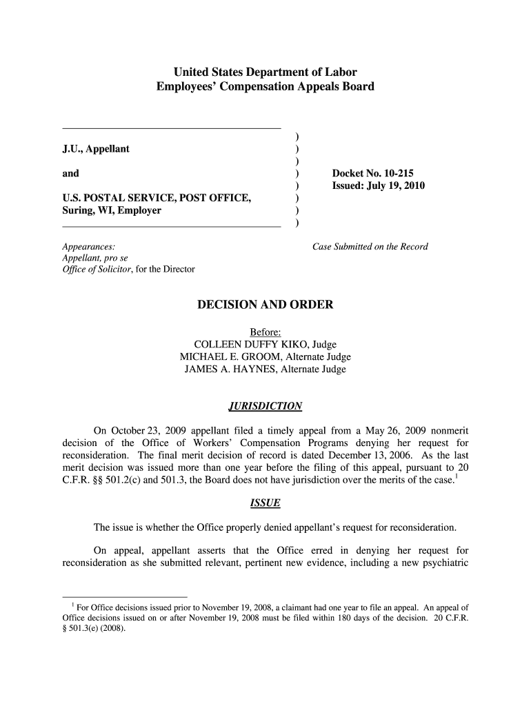 POSTAL SERVICE, POST OFFICE, Suring, WI, Employer Appearances Appellant, Pro Se Office of Solicitor, for the Director Docket No   Form