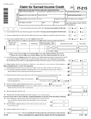 New York State Department of Taxation and Finance for Office Use Only Claim for Earned Income Credit it 215 Please Enter Your Fi  Form