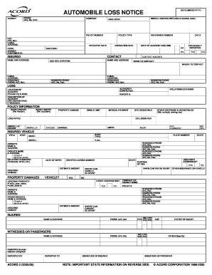 DATE MMDDYYYY AUTOMOBILE LOSS NOTICE PHONE AC, No, Ext AGENCY COMPANY POLICY NUMBER FAX AC, No E MAIL ADDRESS POLICY TYPE EFFECT  Form