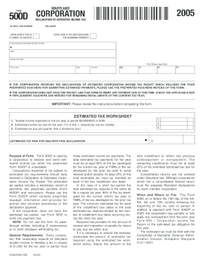 MARYLAND FORM 500D CORPORATION DECLARATION of ESTIMATED INCOME TAX or FISCAL YEAR BEGINNING , ENDING CHECK HERE IF THIS is a CHA