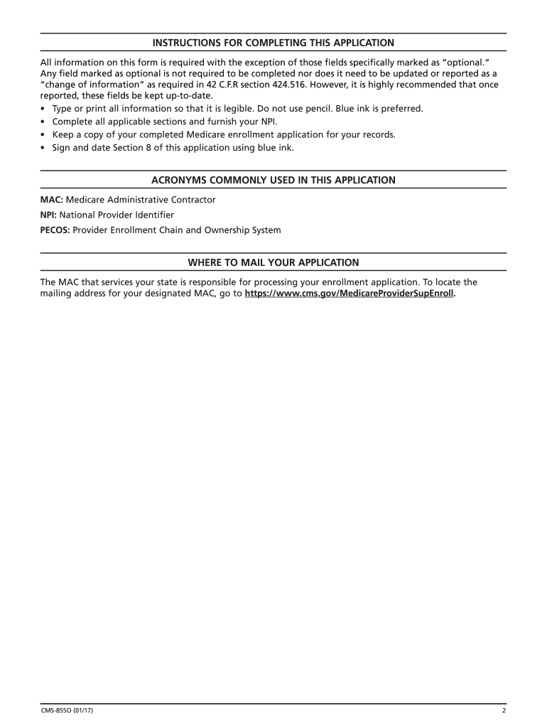  What Needs to Be Filled Out on an Cms 855o Application Form 2013
