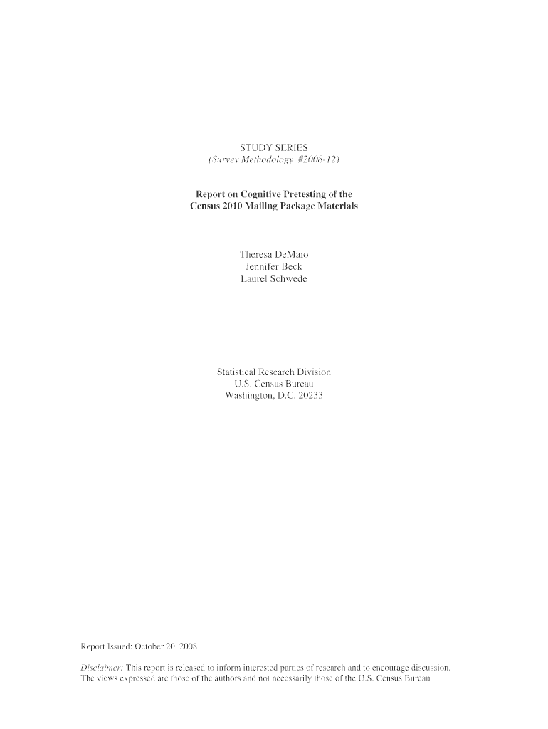 H RRS &amp; SRS for Internet SRS Survey Methodology SSM2008 12 EditedReport on Results of Cognitive Pretesting of the Census  Form