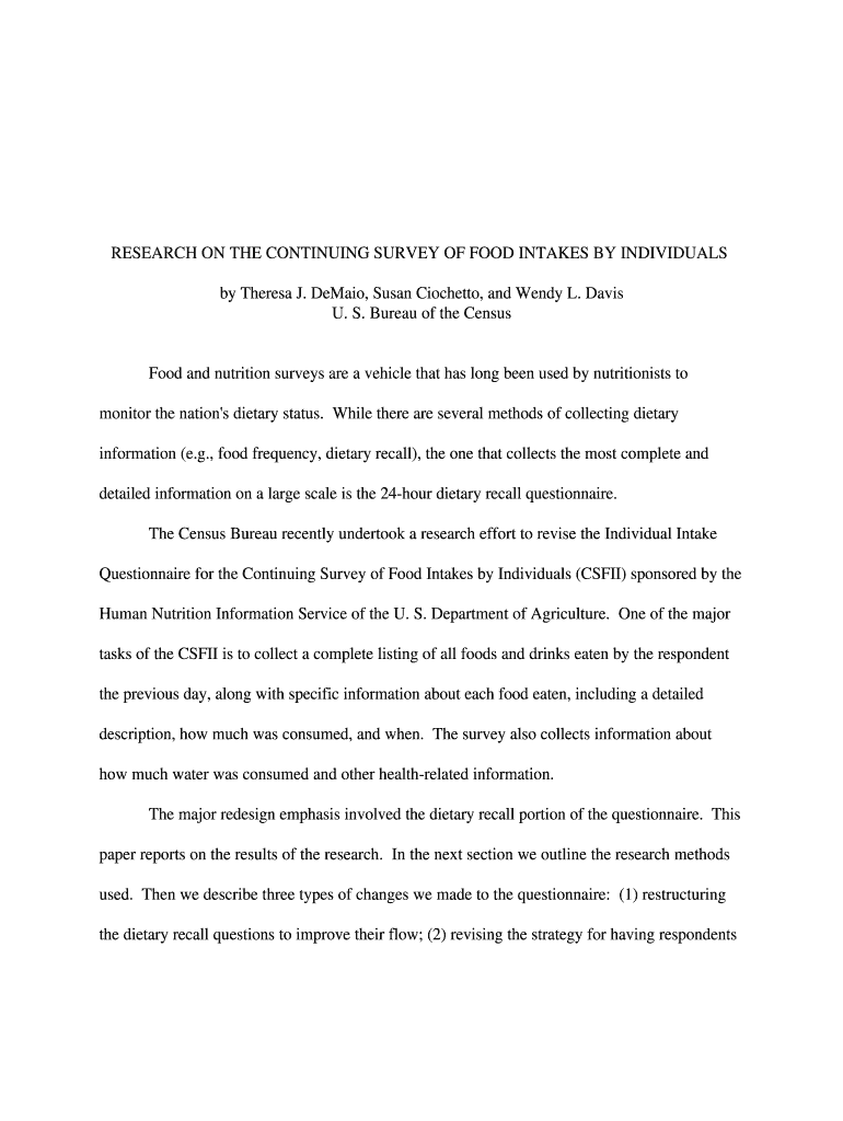 RESEARCH on the CONTINUING SURVEY of FOOD INTAKES by INDIVIDUALS  Form