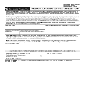 Presidential Memorial Certificate Request Form 40 0247 Va