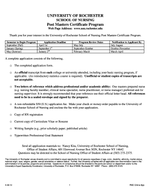 UNIVERSITY of ROCHESTER Post Masters Certificate Program Son Rochester  Form