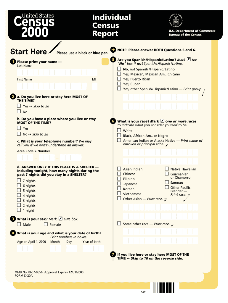 Individual Census Report U S Census Bureau Census  Form