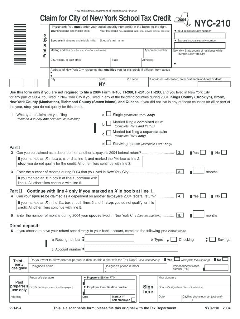 New York State Department of Taxation and Finance Claim for City of New York School Tax Credit NYC 210 Important You Must Enter   Form