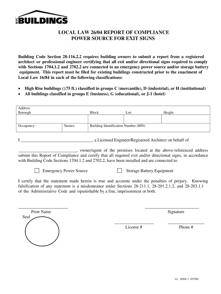 LL2604 3  LOCAL LAW 2604 REPORT of COMPLIANCE POWER SOURCE for EXIT SIGNS  Nycppf  Form