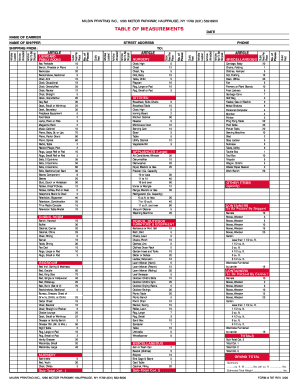 TABLE of MEASUREMENTS Milburn Printing  Form