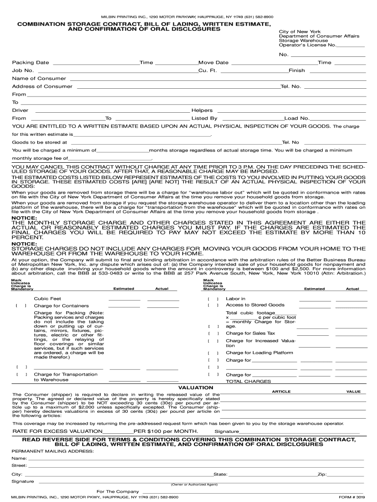 Combination Storage Contract Bill of Lading Written Bb Milburn Printing  Form