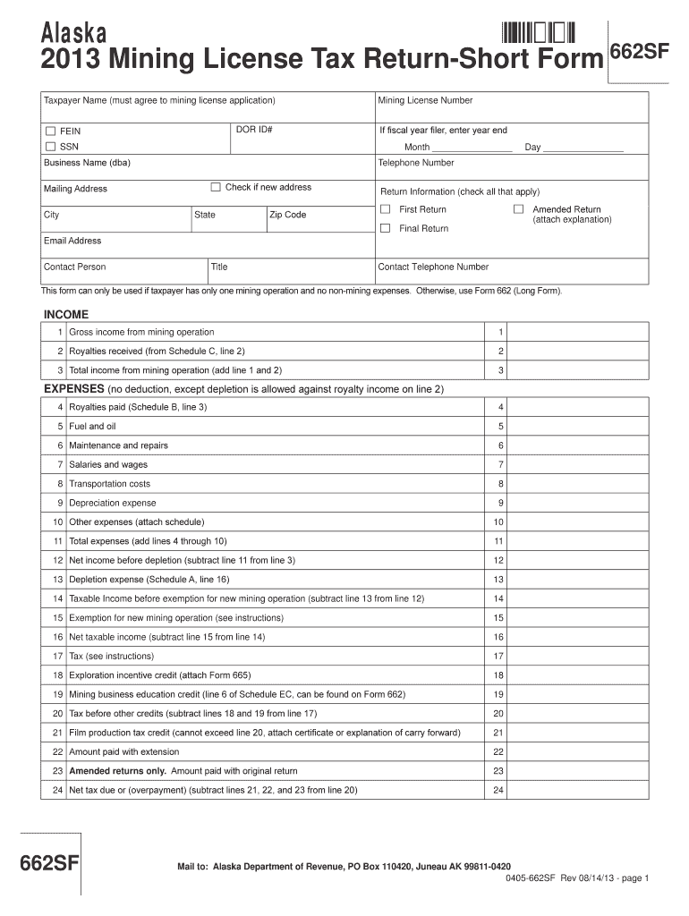  662sf Mining License Tax Return Short Form 2017-2024