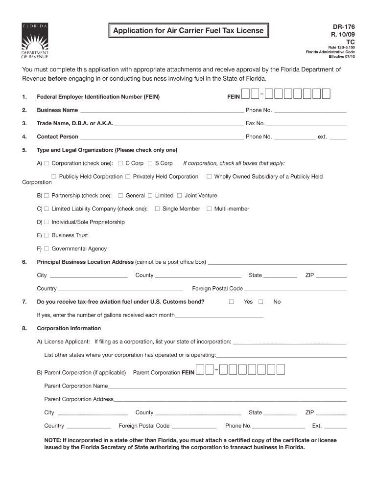  DR 176 Application for Air Carrier Fuel Tax License R 1009 2009