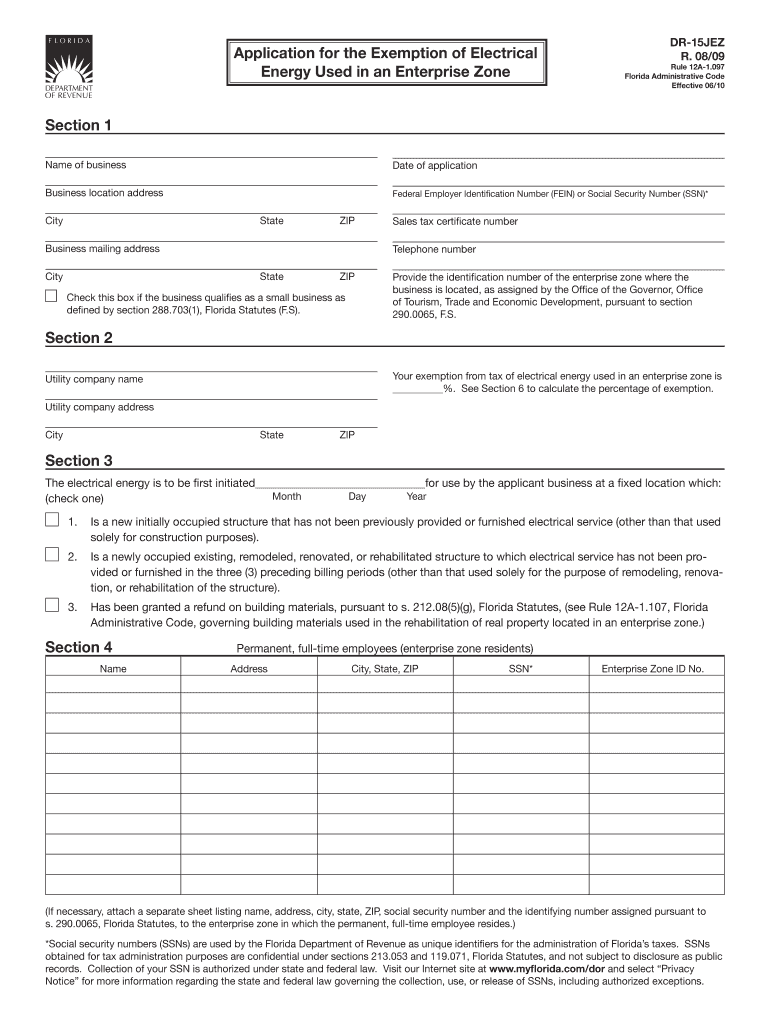 DR 15JEZ Application for the Exemption of Electrical Energy Used in an Enterprise Zone R 0809  Form