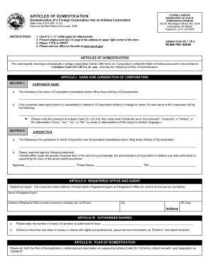 ARTICLES of DOMESTICATION State of Indiana  Form