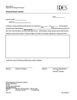  Rehearing Appeals Form APL113F Department of Employment Ides Illinois 2011