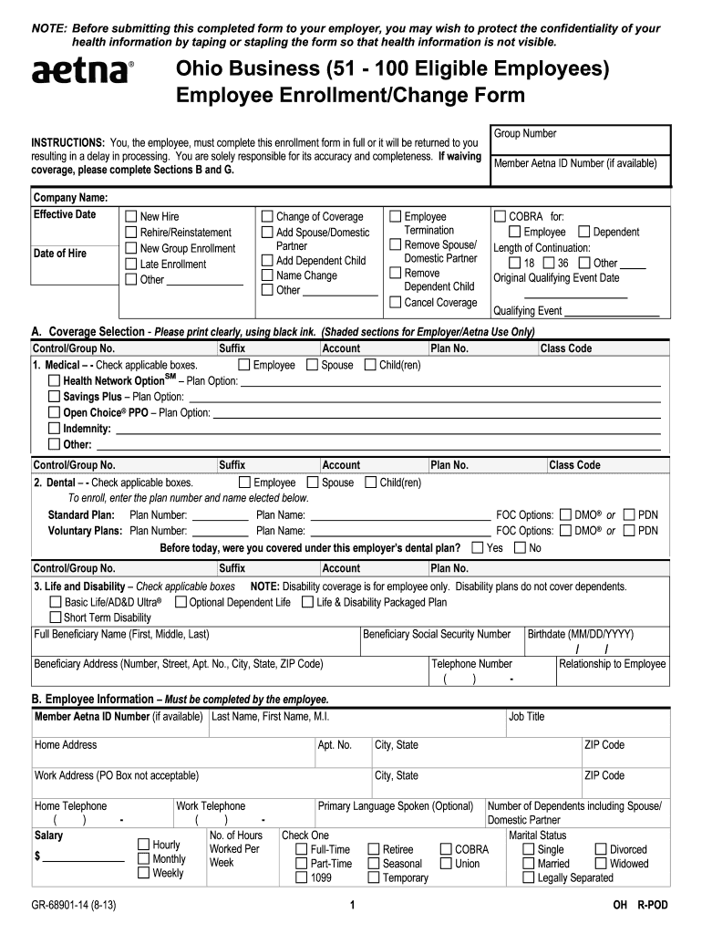  Ohio Employee EnrollmentChange Form 51 100 Eligible Aetna 2013