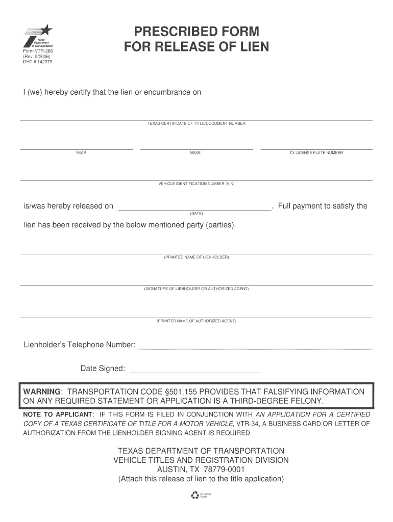  Car Lien Document Form 2016