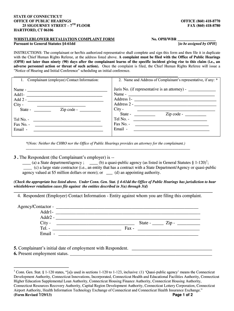 Whistleblower Retaliation Complaint Form  CT Gov  Ct