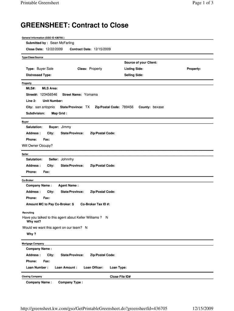 GREENSHEET Contract to Close  Keller Williams Realty  Form