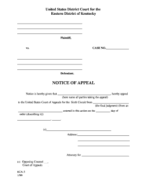 6th Circuit Notice of Appeal Form 6CA 3 Eastern District of Kentucky