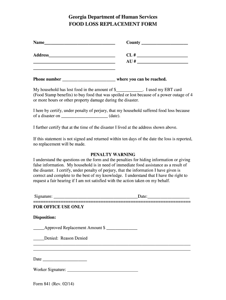 Georgia Food Replacement  Form