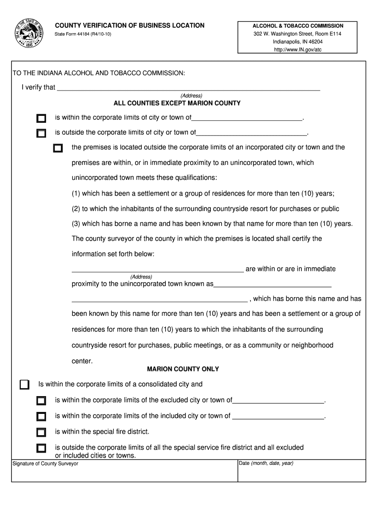  County Verification of Business Location 10 27 10  State of Indiana 2010