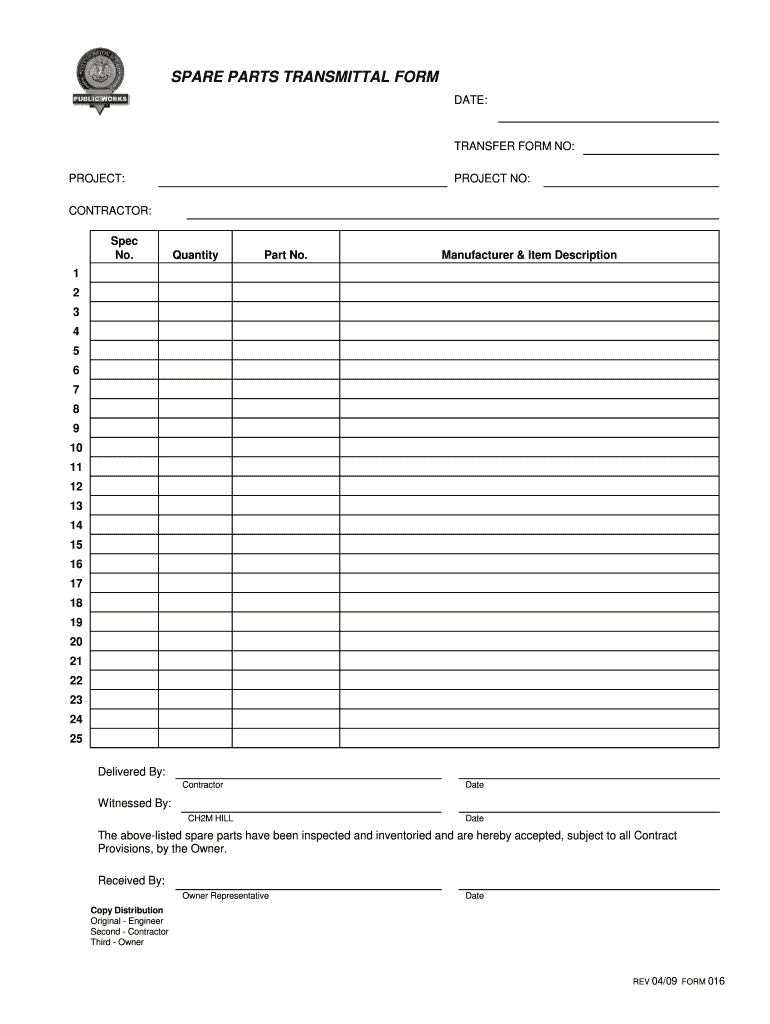  SPARE PARTS TRANSMITTAL FORM BR Projects 2009-2024