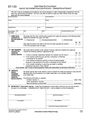 ID Form ST 133 Sales Tax Exemption Certificate Transfer Affidavit PDF