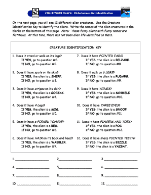 Challenger Snack Dichotomous Key Identification  Form